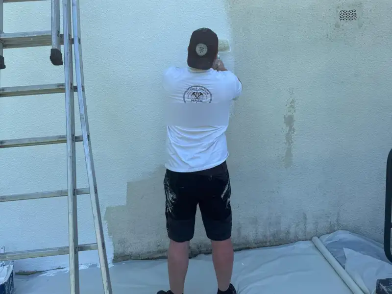 Ravalement de façade : mise en peinture au rouleau par l'artisan de Depasse Rénovation